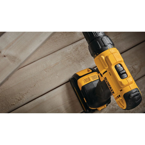 Side view of 20V Max Cordless Drill Driver Set With Two Speed Transmission High Performance Motor on wood surface