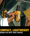 Worker using 20V Max Cordless Drill Driver Set With Two Speed Transmission High Performance Motor in tight space