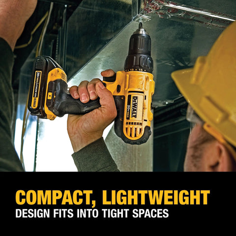 Worker using 20V Max Cordless Drill Driver Set With Two Speed Transmission High Performance Motor in tight space