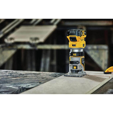 20V Max XR Cordless Brushless Router with Variable Speed Dual LEDs and Precise Depth Adjustment on workbench
