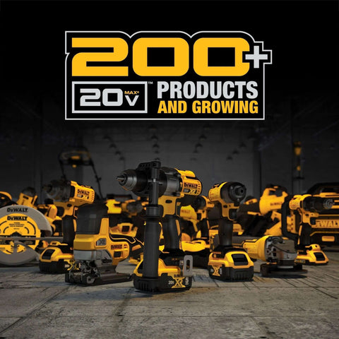 Diverse lineup of 20V Max XR tools in a warehouse setting, featuring drills, sanders, and more under a 200+ products banner.