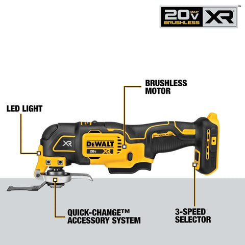 20V Max XR Oscillating Tool Kit with Blades and Charger Included, featuring brushless motor, LED light, and 3-speed settings