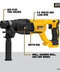 Efficient 20V Max SDS Plus 1 In Rotary Hammer with D-Handle and brushless motor, showing depth rod and modes.