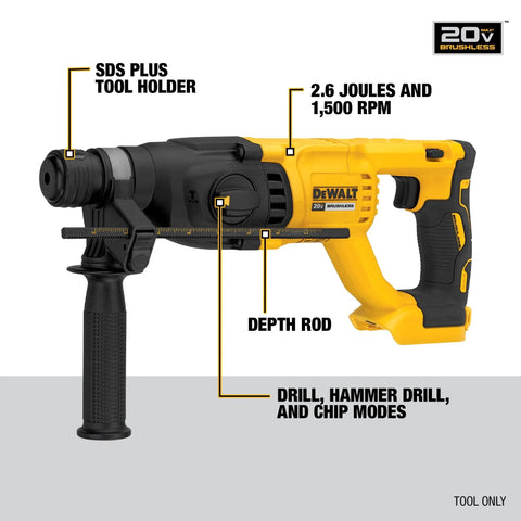 Efficient 20V Max SDS Plus 1 In Rotary Hammer with D-Handle and brushless motor, showing depth rod and modes.