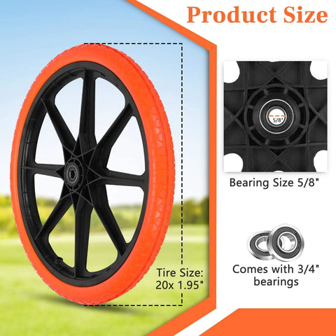 20x1.95 Inch Flat Free Tires Compatible with Rubbermaid Wheelbarrow Wheels, showing tire size and bearing details.