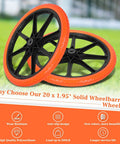 20x1.95 Inch Flat Free Tires Compatible with Rubbermaid Wheelbarrow Wheels, showcasing durable solid wheels with orange trim.