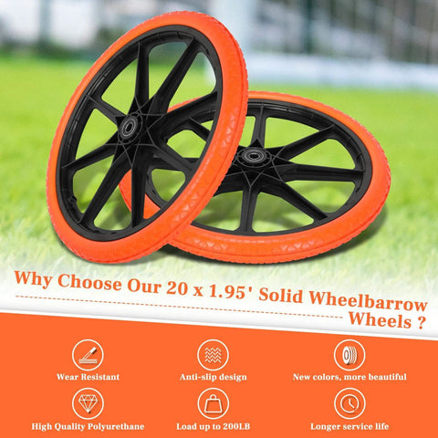 20x1.95 Inch Flat Free Tires Compatible with Rubbermaid Wheelbarrow Wheels, showcasing durable solid wheels with orange trim.