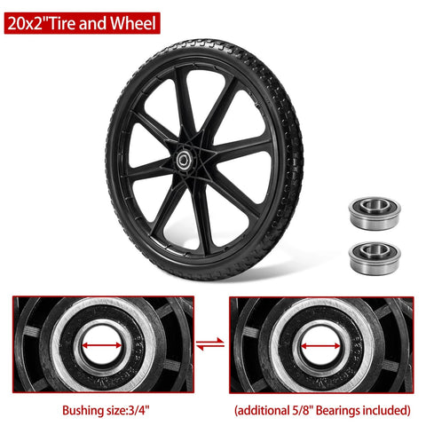 20 Inch Flat Free Cart Wheels 2 Pack Compatible with Rubbermaid Wheelbarrow Wheels, 20x2 Solid Tires with 3/4 Inch Bearing.