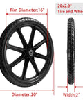 20 Inch Flat Free Tire Cart Wheels Replacement, Solid Rubber Wheel 20x2.0 with rim diameter 16 inches, side view.