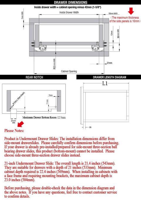 Diagram showing dimensions and installation details for 21 Inch Undermount Drawer Slides Full Extension Soft Close Concealed Runners.