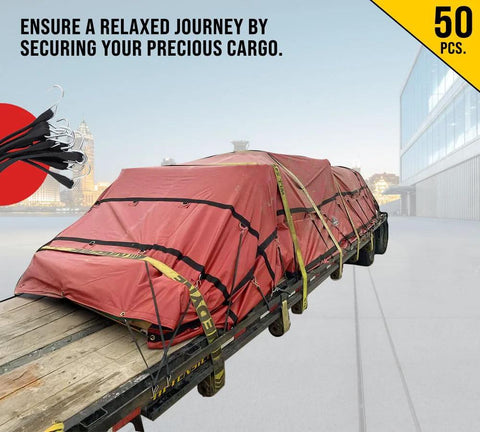 Flatbed truck secured with 50 Pack 21 Inch Natural Rubber Tarp Bungee Straps With S Hooks Tie Downs For Heavy Duty Tarps Securing Equipment And Gear Natural Rubber Construction From Sri Lanka With Galvanized Steel S Hooks Crimped On End To Protect Tarps.