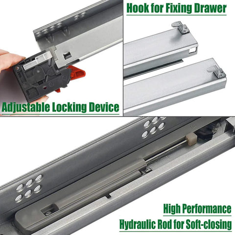 21 Inch Undermount Drawer Slides Full Extension Soft Close Concealed Runners with locking device and hydraulic rod detailed view