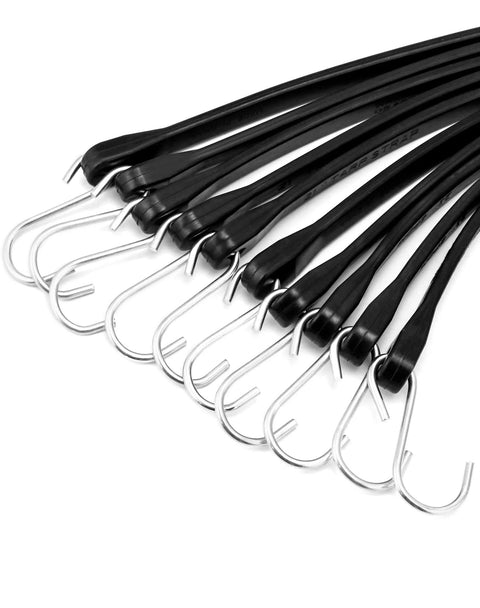 Close-up of 21 Inch Tarp Straps With Hooks 50 Pack Adjustable Rubber Bungee Tie Downs for securing tarps and cargo.
