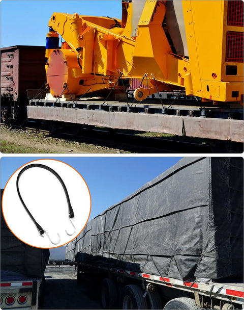 21 Inch Tarp Straps With Hooks 50 Pack Adjustable Rubber Bungee Tie Downs securing cargo on flatbed trailer, close-up view