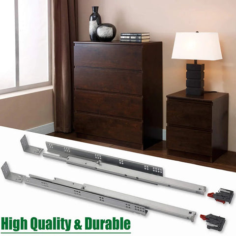 21 Inch Undermount Drawer Slides Full Extension Soft Close Concealed Runners For Heavy Duty Furniture Drawers Up To 75 Lbs Now With Durable Steel Construction And Smooth Silent Operation Includes Mounting Screws And Brackets 1 Pair next to dark wood dresser and lamp