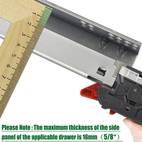 Close-up of 21 inch undermount drawer slide with full extension and soft close feature showing side measurement