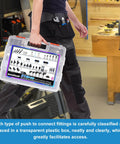 Person holding a case of 210 Piece Pro Grade Quick Connect Air Fittings Kit For 1/8 1/4 5/16 3/8 1/2 And 4 6 8 10 Mm OD Push To Connect Fittings