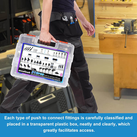Person holding a case of 210 Piece Pro Grade Quick Connect Air Fittings Kit For 1/8 1/4 5/16 3/8 1/2 And 4 6 8 10 Mm OD Push To Connect Fittings