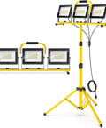 21000 Lumen Ultra Bright LED Work Light With Stand For Job Site And Outdoor Use Boss Level 3 Head Adjustable Tripod Work Light With Individual Switch IP66 Waterproof Foldable Construction Lighting Ideal Gift For Men And DIY Pros with yellow tripod base and three adjustable LED heads