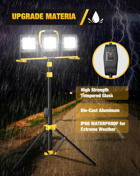Beastly Bright 21000 Lumen LED Work Light With Stand, 3 Head Adjustable Panels in rain, IP66 waterproof, on tripod