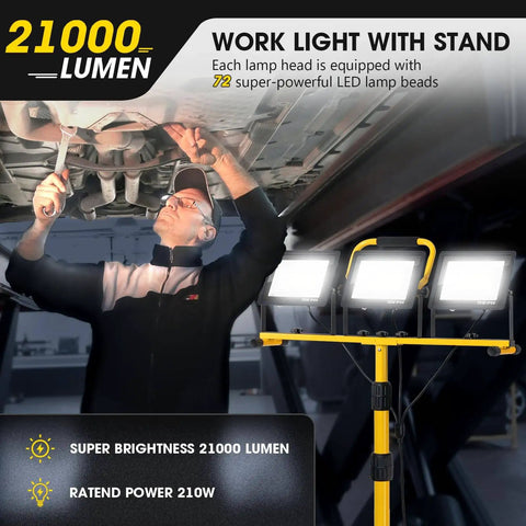 21000 Lumen LED Work Light With Stand 3 Head Portable Tripod Light with mechanic working underneath vehicle