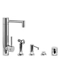 Slick Matte Antique Copper Prep Faucet Four Piece Suite Featuring High Arc Swivel Spout Single Handle Design in chrome finish.