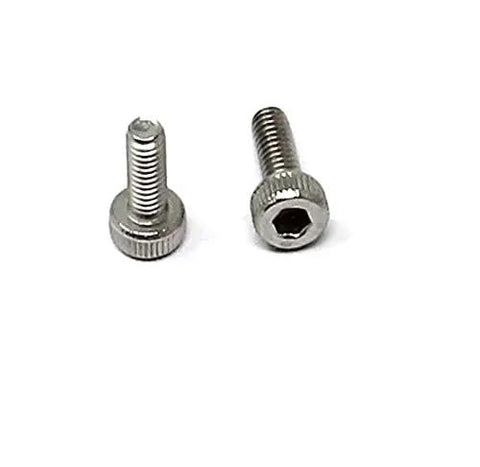 Two stainless steel M2 x 6mm hex socket head cap screws, part of 100 Pcs M2 X 6mm Hex Socket Head Cap Screws Kit Stainless Steel 304 With 0.4mm Thread Pitch For CNC Projects Electronics DIY Mounting Bolts And Hardware, shown on a white background highlighting their hexagonal socket and threaded body design. Ideal for CNC and electronic installations, showcasing material durability and practical use.