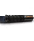 Side view: Jackbolt screw waterjet spare part, black threaded metal with blue end cap