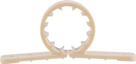 Front view of two beige HoldRite 3/4 in standard pipe clamps for PEX, copper, and CPVC.