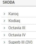 Skoda car models list including Karoq, Kodiaq, Octavia III, Octavia IV, and Superb III (3V) on a white background