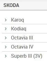Skoda car models list including Karoq, Kodiaq, Octavia III, Octavia IV, and Superb III (3V) on a white background