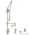 Top Shelf Kitchen Faucet Featuring Smooth Pull Down Sprayer And Flexible Twelve Inch Swivel Neck Premium American Bronze Finish with separate soap dispenser.