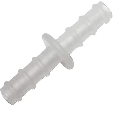 Clear plastic oxygen tubing straight connector with barbed ends, side view
