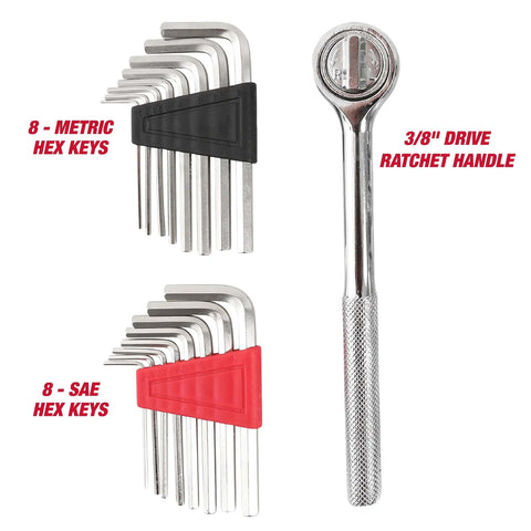 All In One 118 Piece Home Repair Tool Set With Hammer, Adjustable Wrench, Pliers, Level And Ratchet Socket Kit for DIY projects.