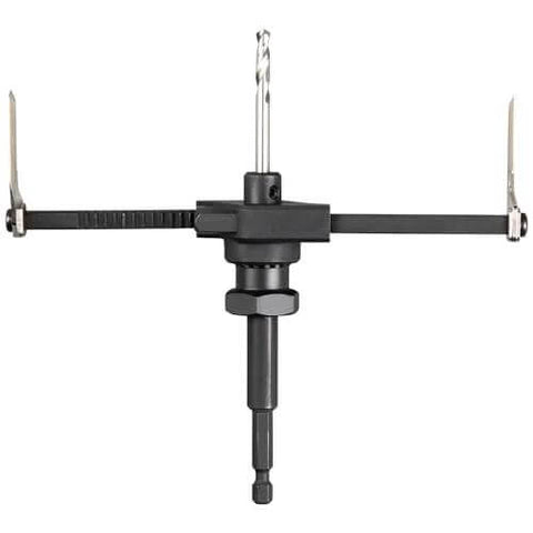 Front view of Klein Tools adjustable circle hole cutter with crossbar and drill bit for drywall/ceiling tiles.