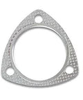 3-bolt high-temperature exhaust gasket, 2-3/4 inch opening, metallic silver triangular flange with three bolt holes.