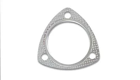 3-bolt high-temperature exhaust gasket, 2-3/4 inch opening, metallic silver triangular flange with three bolt holes.