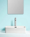 Modern White Rectangular Vessel Sink For Bathroom Counter Crisp Ceramic Basin Sleek Finish Easy Install Super Clean Look That Seriously Levels Up Your Whole Bath Vibe on blue wall.