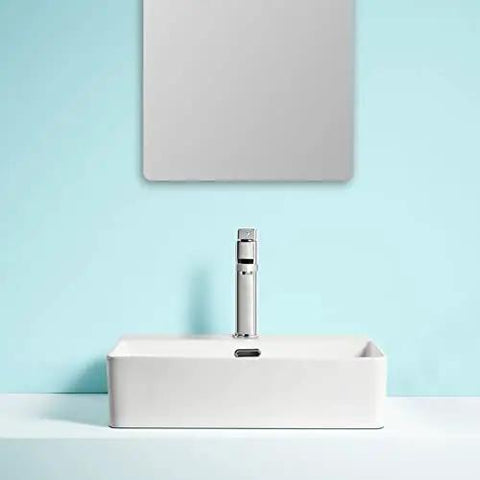 Modern White Rectangular Vessel Sink For Bathroom Counter Crisp Ceramic Basin Sleek Finish Easy Install Super Clean Look That Seriously Levels Up Your Whole Bath Vibe on blue wall.