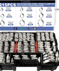 215 Piece 304 Stainless Steel Hose Clamp Kit One Quarter To Two And A Half Inches Worm Gear Clamps 6 To 63 Millimeters box and tools