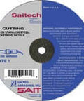 Grinding wheel labeled Saitech for cutting stainless steel, casting metals with die grinder, from United Abrasives, Type 1.