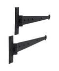 Bean Head Strap Hinges In Wrought Iron Hardware 15 Inch Pair With Hammered Edging And Black Powder Coat Finish, side view