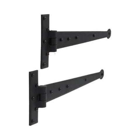 Bean Head Strap Hinges In Wrought Iron Hardware 15 Inch Pair With Hammered Edging And Black Powder Coat Finish, side view