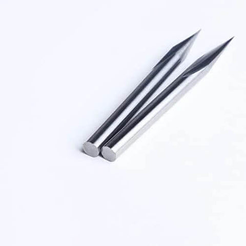 Two carbide V-bits with 1/8 in shank, 30° engraving tips for CNC routing, shown on white background