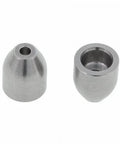 Two gray metal check valve outlet spring seats for waterjet intensifier pump spare parts.