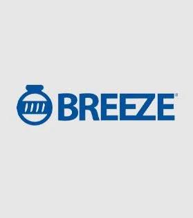 Breeze logo on gray background, featuring round design with horizontal stripes next to text