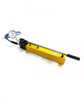Yellow hydraulic tensioner with pressure gauge and blue hoses for waterjet machine use.