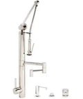 Contemporary Four Piece Gantry Faucet With A Hella Smooth Flow And Rock Solid 12 Inch Articulated Spout In Satin Nickel Finish For Modern Kitchens That Bring A Knockout Upgrade To Your Daily Routine. Sleek, polished design with extended spout and handle.