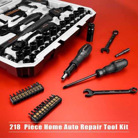 218 Piece General Household Tool Kit With Pliers, Screwdrivers, Socket Set And Portable Case For Auto Repair And Home Projects, Pro Grade Chrome Vanadium Tools, Durable All In One DIY Ready Kit displayed on red background