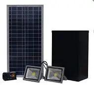 The Dual 20W Solar Led Flood Lights For Outdoor Signs And Billboards With Heavy Duty Brackets Zero Wire Hassle Kickin Brights Easy Install Eco Power Garden Display Setup components including solar panel and two floodlights.